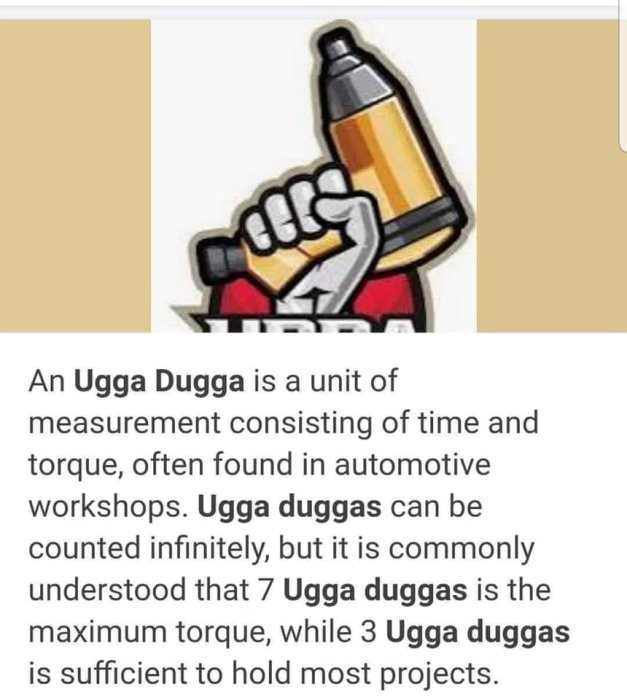 Illustration och text förklarar "Ugga Dugga" som en inofficiell enhet för moment i bilverkstäder.