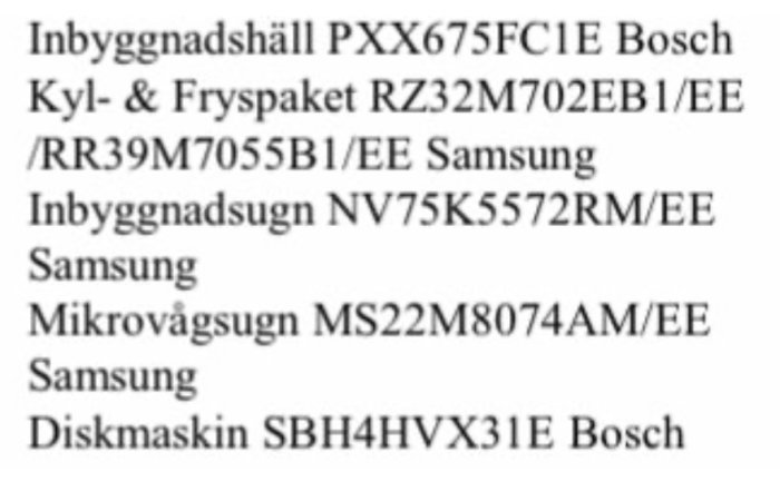 Lista över hushållsapparater från Bosch och Samsung med modellnummer.