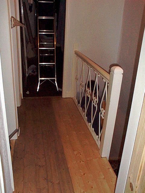Ett inomhuskorridor med trägolv, vit räcke, och en öppen dörr leder till mörkt rum.