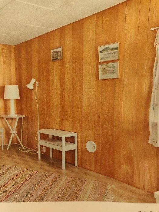Rum med träpanel, målningar, vit stol och bord, golvlampa och mönstrad matta. Vintage eller retro stil.