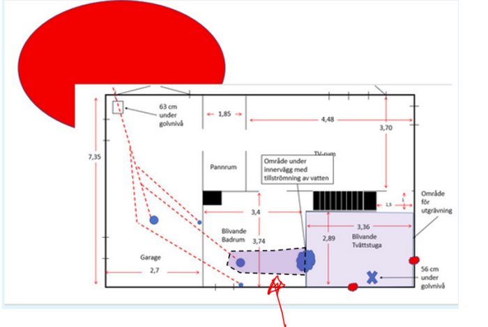 Ritning av husets bottenplan med måttangivelser, rum och rött talbubblaformigt objekt överlagrat.
