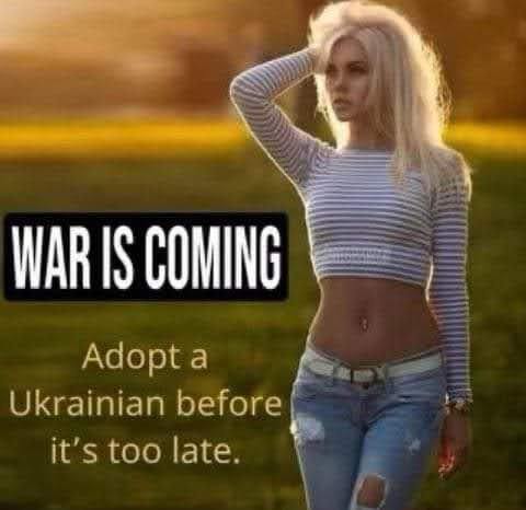 Kvinna i förgrunden. Text på bilden: "WAR IS COMING Adopt a Ukrainian before it's too late." Solnedgång i bakgrunden.