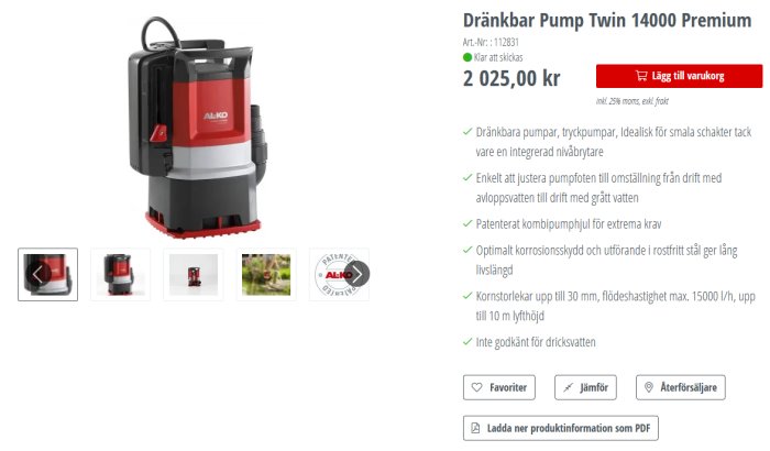 Dränkbar pump, Twin 14000 Premium, röd/svart, vattenavlägsning, justerbar, korrosionsskydd, ej för dricksvatten, 2025 kr.