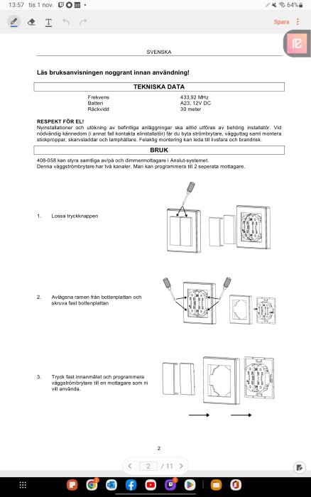 Svenskspråkig manual för installation och programmering av väggströmbrytare med illustrationer och teknisk data.