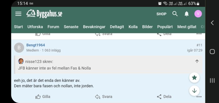 Skärmdump av ett forum på Byggahus.se med en diskussion om elektriska faser och nollor.