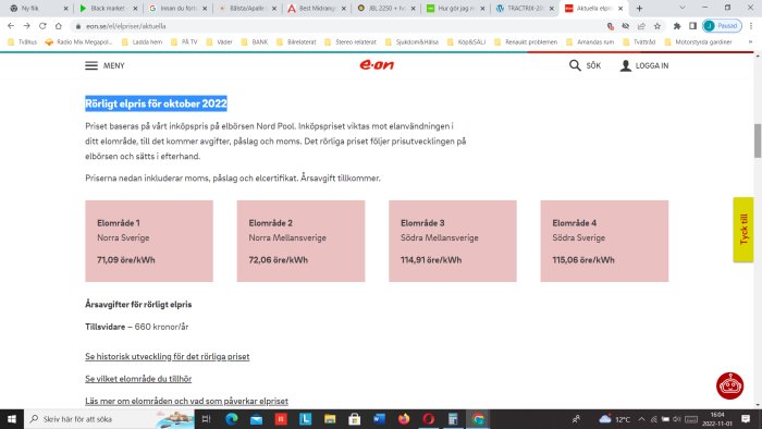 Webbsida visar elektricitetspriser för olika områden i Sverige för oktober 2022.