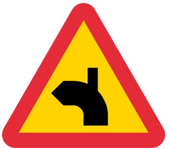 Gult och rött varningstecken med svart högersvängande pil. Trafiksignal för vägbyte eller sväng uppåt höger.