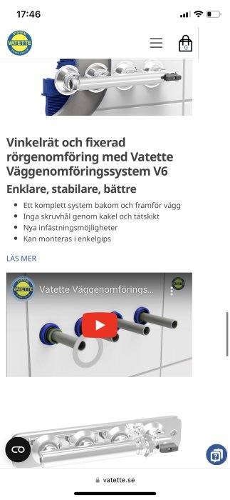 Skärmavbild på mobil visar Vatette rörgenomföringssystem, konstruerat för installation i vägg, reklam för byggprodukt.