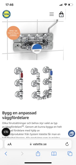 Vattenfördelare för VVS-installationer, anpassningsbara, monterade på vägg, systemkomponenter, Vatette.