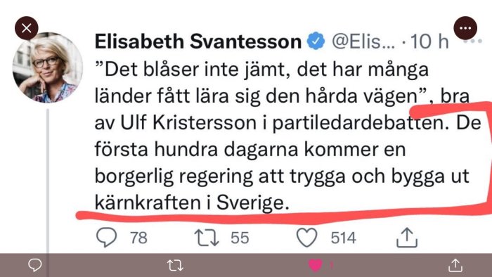 Skärmdump av Twitter-inlägg med bild och text om politik och kärnkraft.