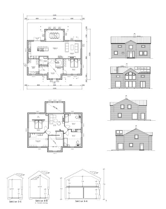 Arkitektoniska ritningar, husplaner, fasadvyer, sektionssnitt, måttangivelser, två våningar, designlayout.