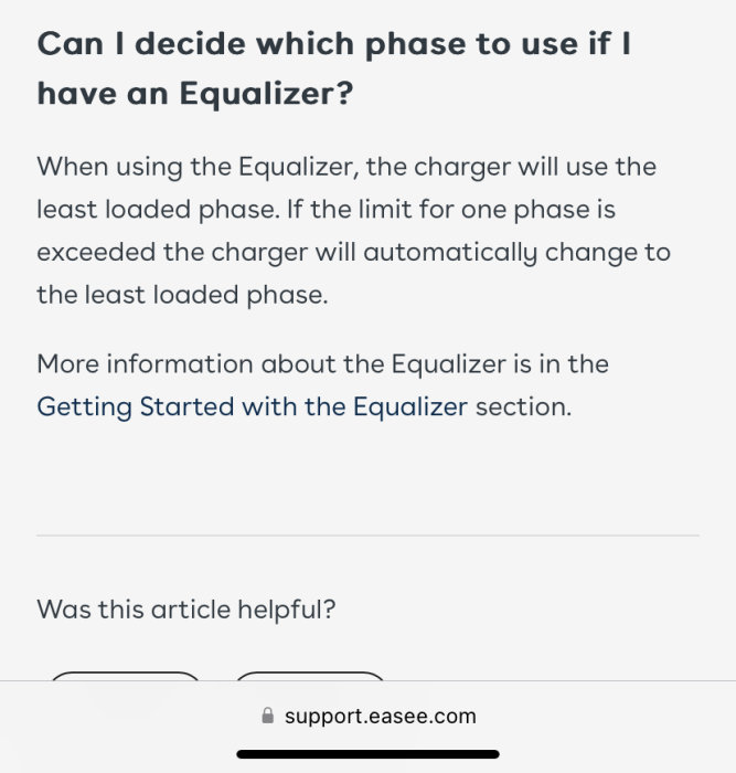 FAQ-artikel om Equalizer för laddning, fasval, automatisk fasväxling, kundsupportlänk, feedbackfråga om hjälpsamhet.