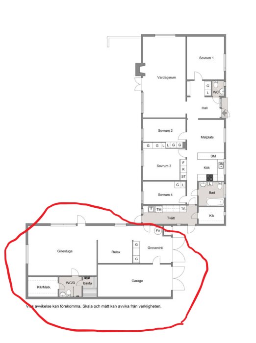 Ritning av ett tvåvåningshus med markerad del, innehåller sovrum, vardagsrum, kök, bastu och garage.