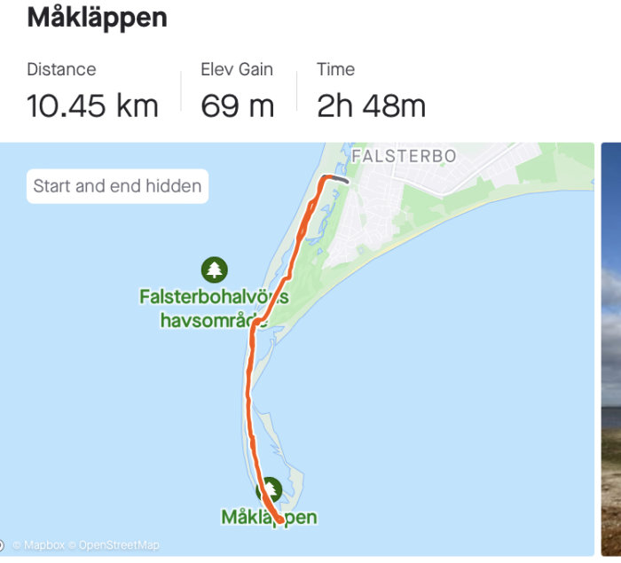 Kartskärmbild visar en vandringssträcka på Måkläppen, med distansen 10,45 km, höjdvinst 69 m, tid 2h 48m.