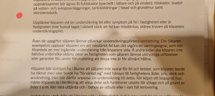 Textdokument på svenska om fastighetsköp och undersökningsplikt, röd punkt överst.