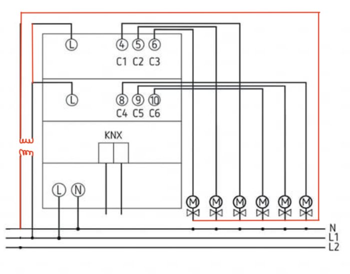 Elektriskt schema, installationsritning, kontaktorer, motorer, KNX-system, strömförsörjning, styrsignaler.