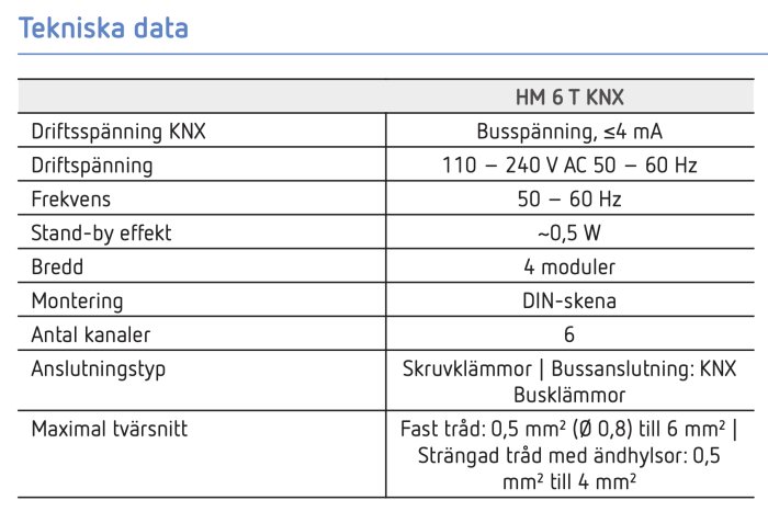 Tekniska specifikationer för en elektronisk enhet med KNX anslutning, driftspänning och montering.