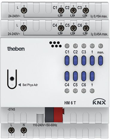 KNX bussystem modul, inställningsknappar, indikatorljus, elektrisk utrustning, theben märke, väggmontering.