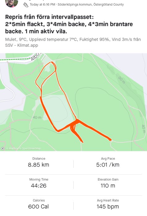 En skärmdump av en löprunda med statistik och rutt på en karta.