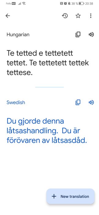 Skärmdump av översättningsapp med ungersk text översatt till svenska. Knapp för ny översättning nedtill.