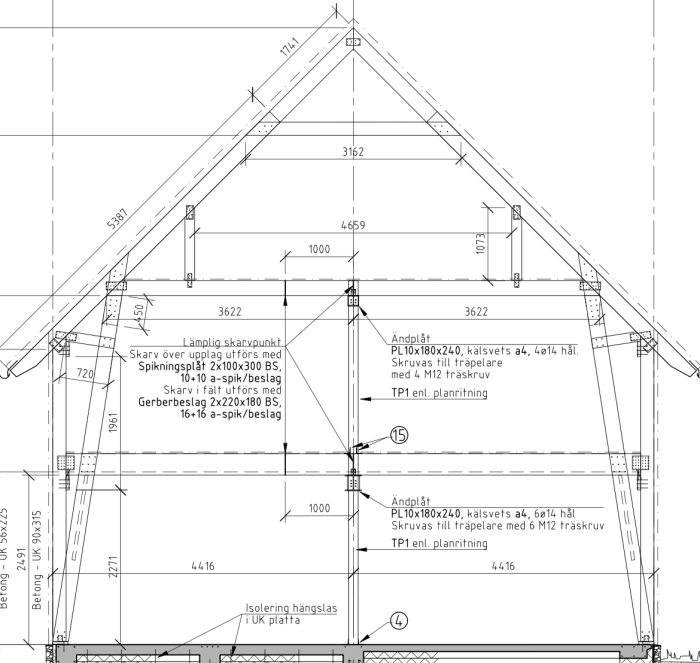 Det är en teknisk ritning av en takkonstruktion med mått och bygginstruktioner.