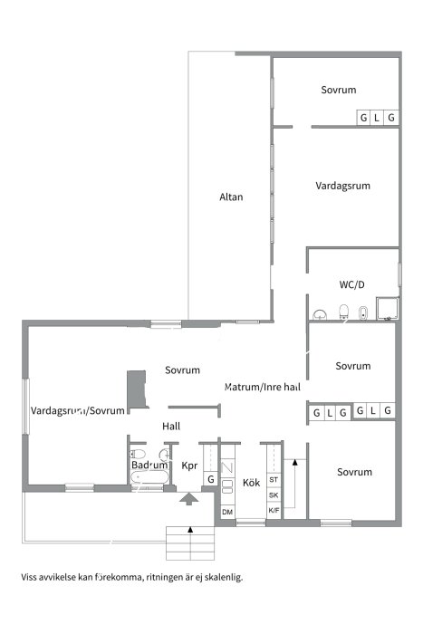 Planritning av en bostad med sovrum, vardagsrum, kök, badrum, WC och balkong. Inte skalenlig.