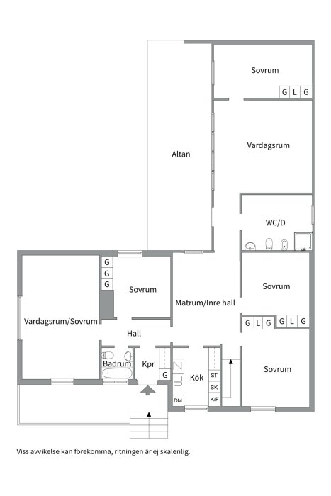 Schematisk ritning av en bostadsplanlösning med flera sovrum, vardagsrum, kök, badrum och altan.