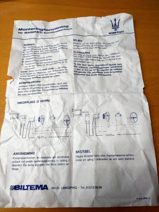 Instruktionsblad för montering av Maserati kompressorhorn, slitet och veckat med skisser och text, Biltema.