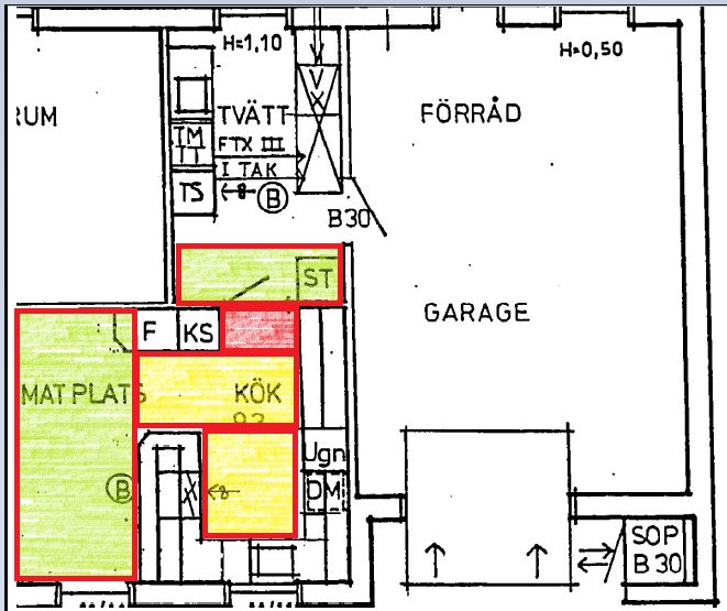 Arkitektonisk ritning av en våning, inkluderar kök, matplats, garage, och förråd. Färgkodad för tydlighet.