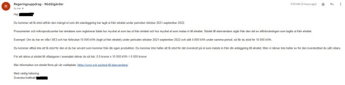 E-postmeddelande om stöd för elanvändning, kalkylationsexempel, länk till mer information, från Svenska kraftnät.