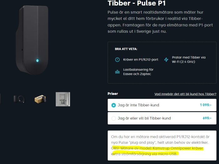 En webbutikssida för en smart energimätare, Tibber Pulse P1, med prisinformation och produktbeskrivning.