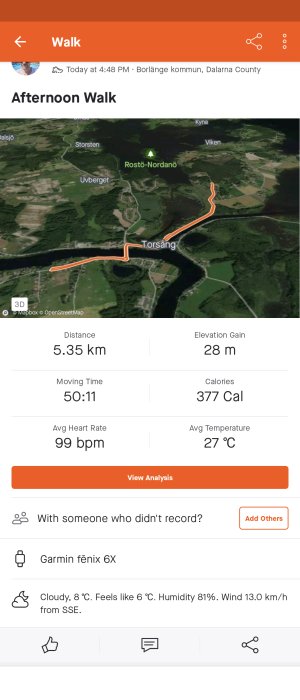 Aktivitetsspårningsskärmdump, eftermiddagspromenad, 5,35 km, 377 kalorier, 50 minuter, hjärtfrekvens, Garmin enhet, väderinformation.