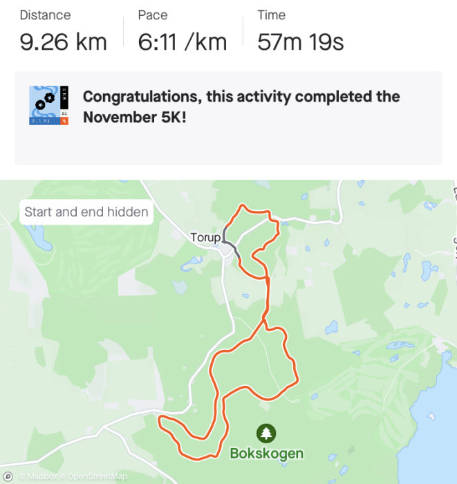 Spårningskarta för löpning, 9.26 km, tid 57:19, tempo 6:11/km, fullbordat November 5K.