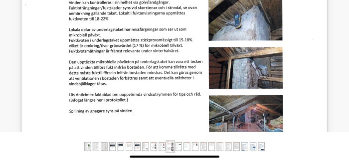 Tre bilder visar en vind med mögelskador, fukt och isoleringsproblem. Text beskriver fuktkontroll och åtgärdsrekommendationer.