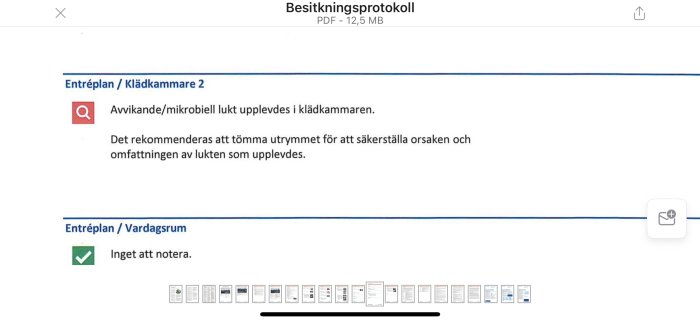 Svenskt inspektionsprotokoll med anmärkning på lukt i klädkammare, inga problem i vardagsrummet.