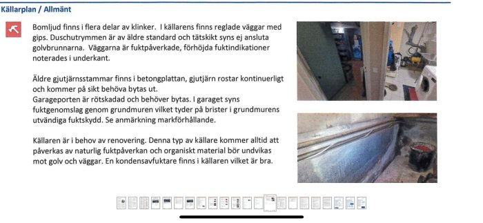 Dokument med text och foton på skador, äldre våtrum och källare i behov av renovering.