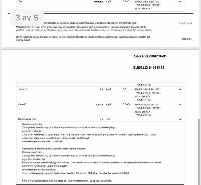 Vattenanalysrapport som visar koncentrationer av uran, kalium, krom och totalhårdhet, samt tekniska kommentarer och bedömningar.