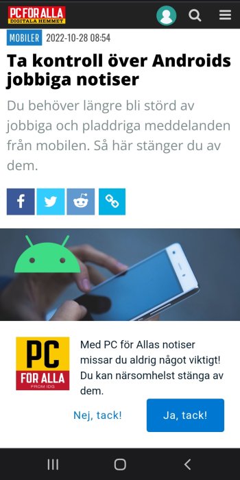 Webbsida; teknikguide om att stänga av notiser; Android-tema; hand håller smartphone.