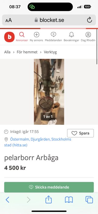 Annons på Blocket, gammal pelarborr till salu, 4500 kronor, fotografi taget i en verkstad.