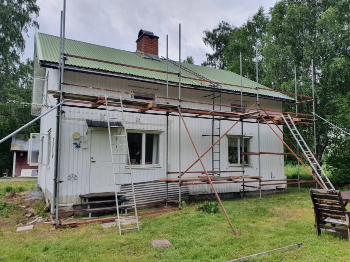 Renovering pågår på ett vitt hus, med ställningar, grönt grästak, träd, gråmulen himmel.