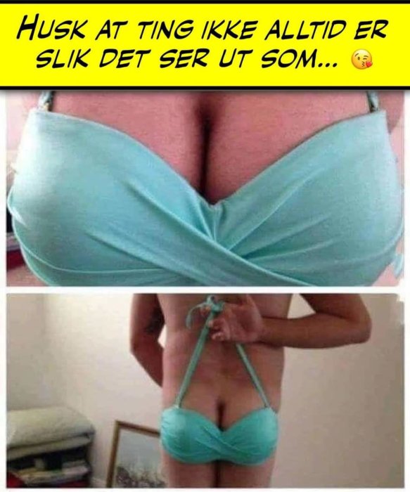 Två bilder, översta ser ut som kvinnobröst, är man rygg. Nedre är bikini topp. Visuell illusion, perspektivspel.