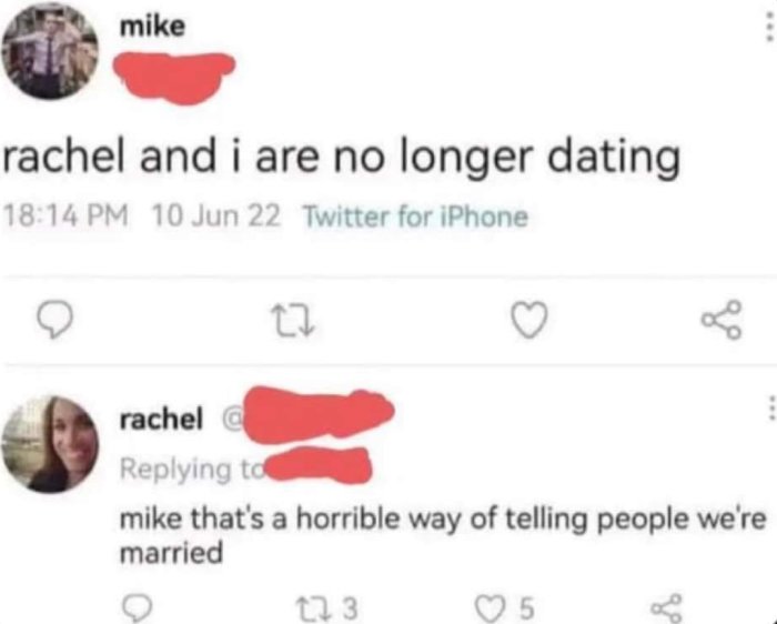 Två Twitter-inlägg: En person säger att de inte dejtar längre; den andra svarar att de är gifta.