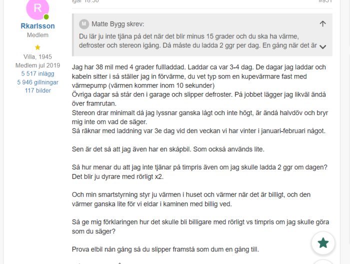 Skärmdump från forum, medlemsdiskussion om elbilsladdning, värme, och kostnadseffektivitet. Rosa profilikon.