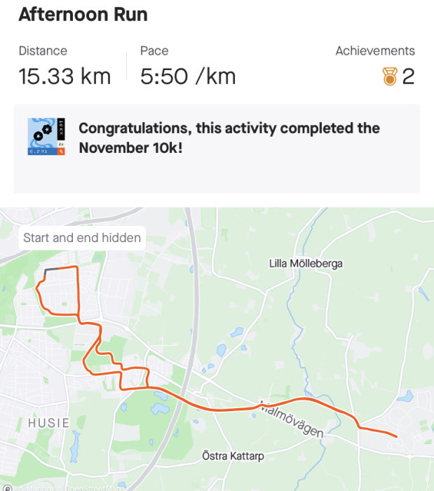 Skärmdump av löpaktivitet, 15,33 km, tempo 5:50/km, karta, eftermiddagslöpning, gratulationer till november 10k.