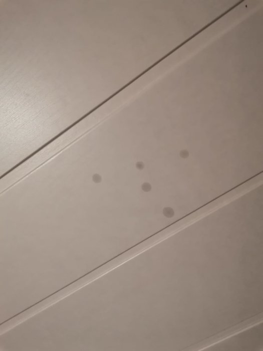 Vit ytterdörr med silverfärgat dörrhandtag och flera runda klistermärken eller dekorationer ordnade asymmetriskt.