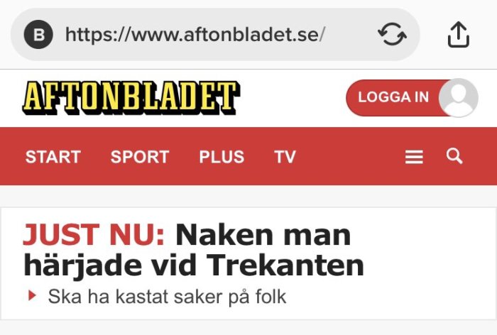 Skärmdump från Aftonbladet, nyhetsrubrik om händelse med naken man vid Trekanten.