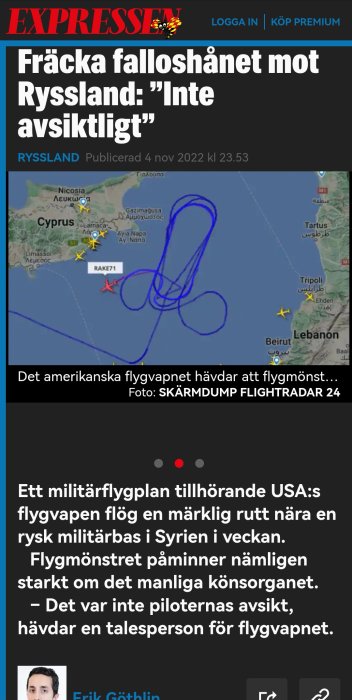 Artikel från Expressen om udda flygrutt som påminner om manligt könsorgan, USA:s flygvapen säger oavsiktligt.