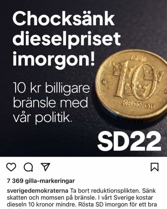 Bild på mynt med text som lovar billigare diesel genom politik. Inlägg från politiskt konto.