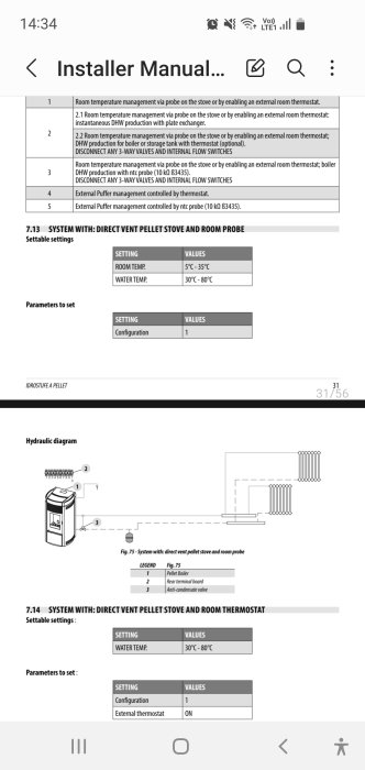 En skärmdump av en installationsmanual för värmesystem, med diagram och tekniska inställningar.