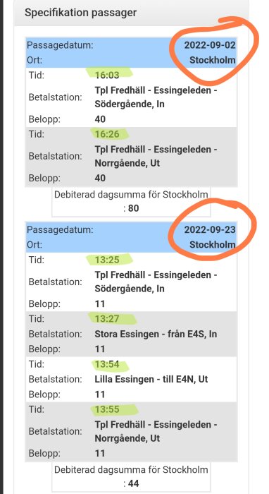 Resor i Stockholm, biljettpriser och tider, troligen kollektivtrafikavgifter, datum markerade.